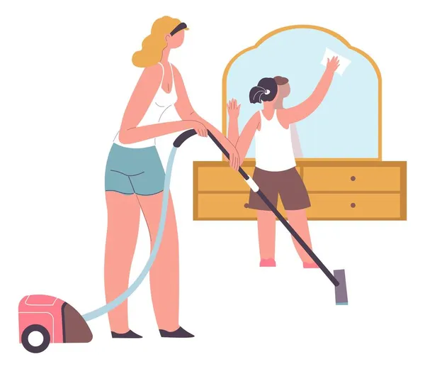 Filha ajuda mãe a limpar tarefas de apartamento —  Vetores de Stock