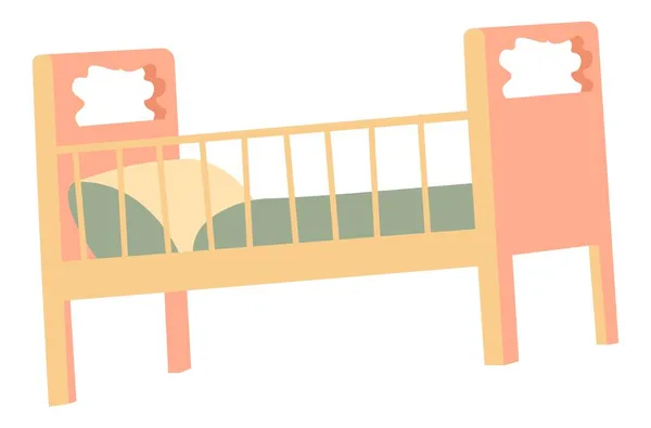 Drewniane łóżeczko z poduszką i kocem, meble dziecięce — Wektor stockowy