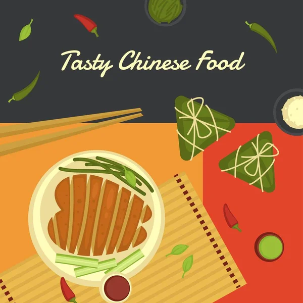 Leckeres chinesisches Essen, Hühnerbrust und Gemüse — Stockvektor
