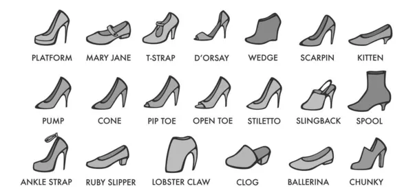 Schoenen verschillende soorten en modellen mode kleding — Stockvector