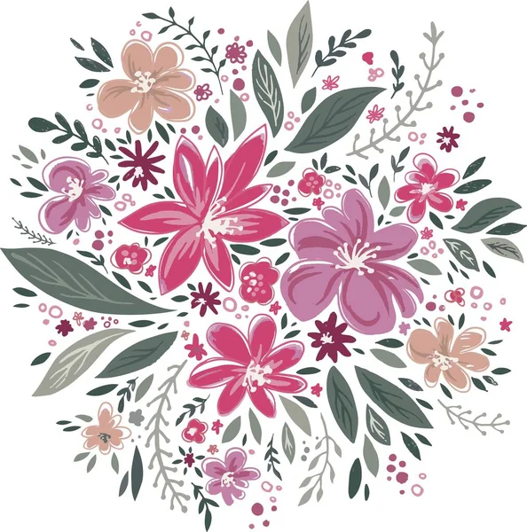 Buquê floral com folhas e flores floridas — Vetor de Stock