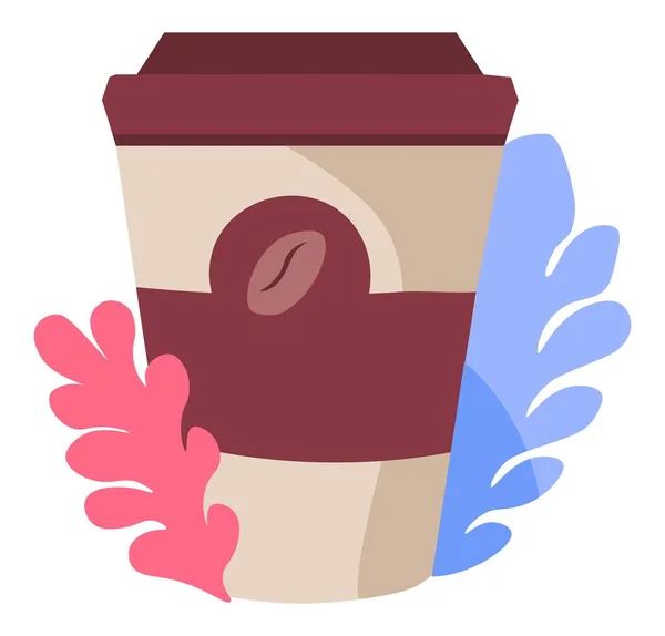 Καφές σε πλαστικό κύπελλο με λογότυπο φασολιού και λουλούδια — Διανυσματικό Αρχείο
