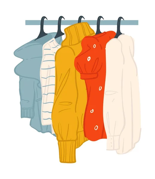 Ropa en tienda o tienda de moda, suéteres a la venta — Vector de stock
