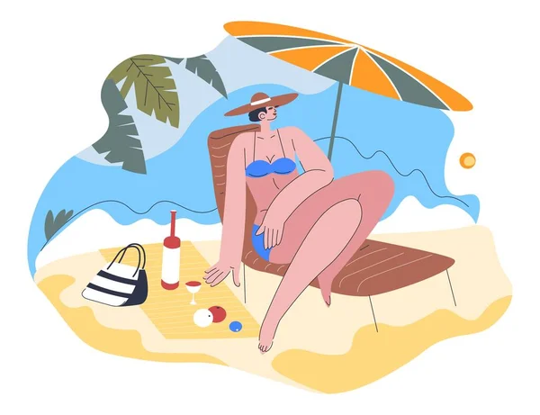 Mujer en vacaciones de verano por la orilla del mar o las costas — Vector de stock