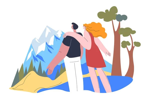 Yazın seyahat eden çift, dağ manzaralı vektör — Stok Vektör