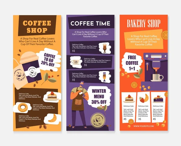 Kahve dükkanı ilanı seti, vektör illüstrasyonu — Stok Vektör