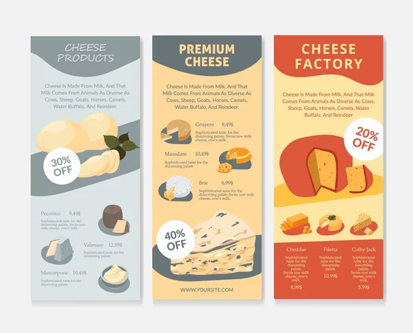 チーズ製品チラシ、ベクトルイラスト — ストックベクタ