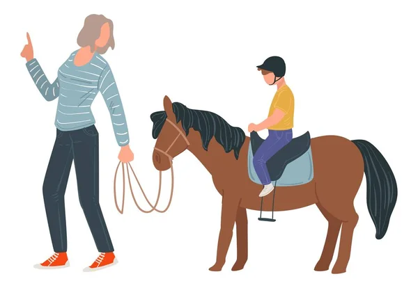 馬のベクトルに乗るために若い男の子を教える女性 — ストックベクタ