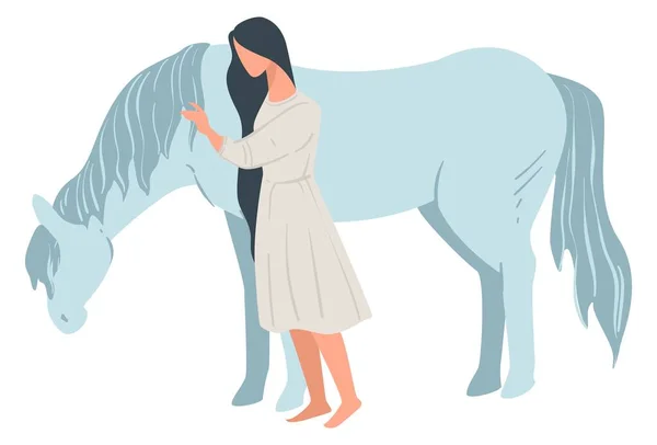 Женщина, стоящая на коне, леди и конное животное — стоковый вектор