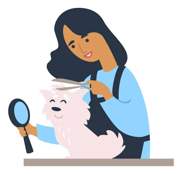 Cuidado e higiene de las mascotas, pelo de mujer recorte de perro — Vector de stock