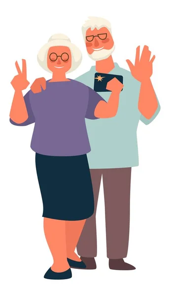 Oudere mensen nemen selfie, man en vrouw poseren — Stockvector