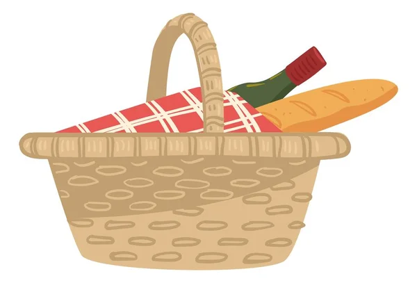 Cesta con vino y baguette, tela para picnic — Vector de stock