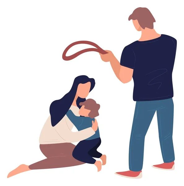 Βία στην οικογένεια, πατέρας ξυλοδαρμός παιδιού και συζύγου — Διανυσματικό Αρχείο