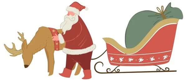 Święty Mikołaj z jeleniem i sankami pełnymi prezentów — Wektor stockowy