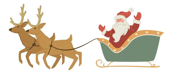 Weihnachtsmann im Schlitten mit Rentieren, die winken — Stockvektor
