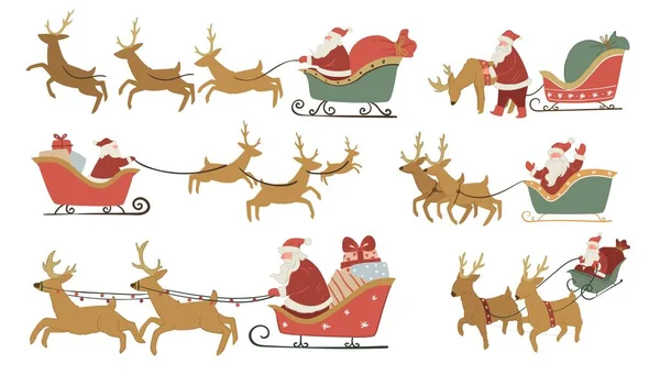 圣诞老人骑着驯鹿提着一袋礼物 — 图库矢量图片