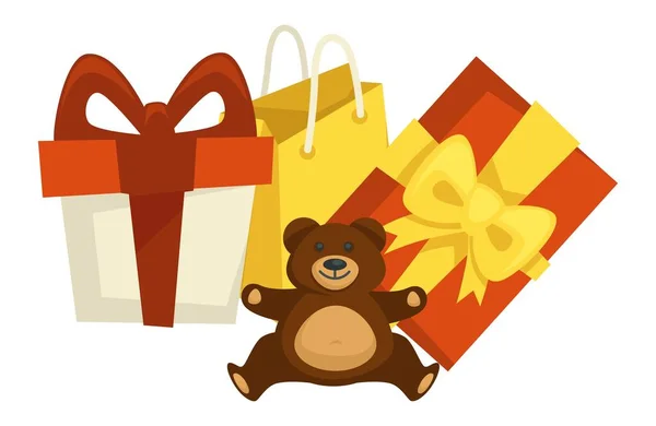 Plush bear and boxes with ribbons and bows vector — Stock Vector
