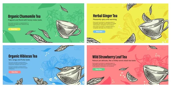Organiczna herbata ziołowa, strona lądowania, ilustracja wektora — Wektor stockowy