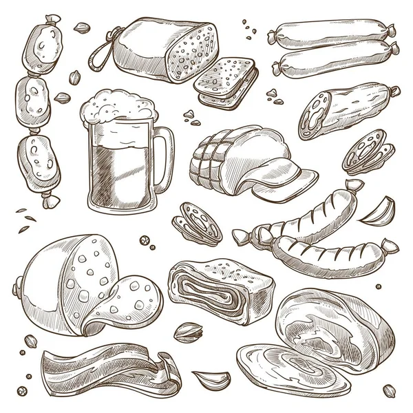 Saucisses et jambon, viande et verre de bière croquis — Image vectorielle