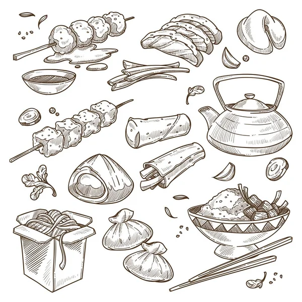 Chinese traditional food and beverages sketch — Stock vektor