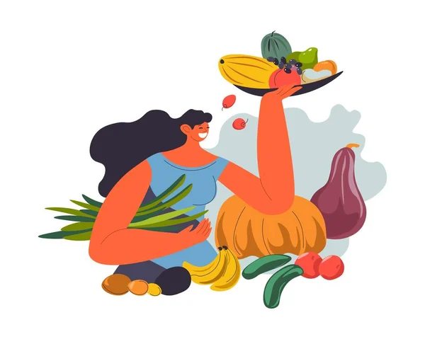 과일 과 채소를 손에 들고 있는 여자 — 스톡 벡터