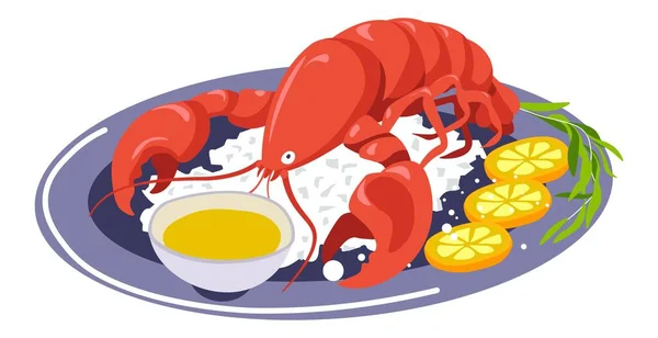 Baked crayfish with lemon slices, seafood dishes — Stock Vector