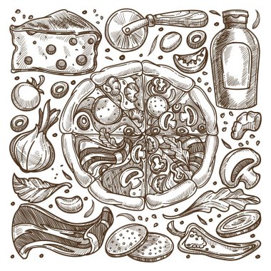 Malzemeli fırında pizza, fast food vektörü.