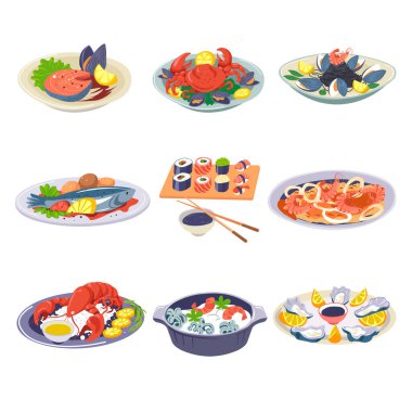 Deniz ürünleri, somon ve karides, midye.