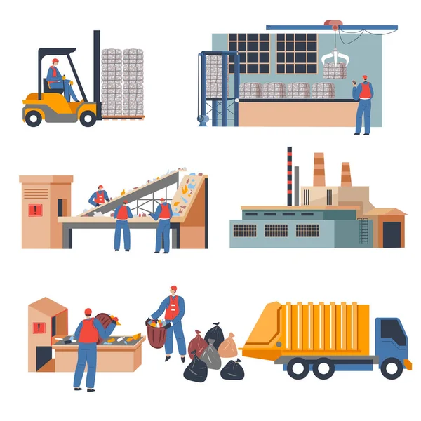 Garbage recycling factory or facility workers — Stock Vector