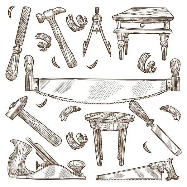 木匠和木匠、工具和器具 — 图库矢量图片