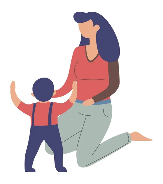 Mom helping toddler to learn walking, first steps — Stock vektor