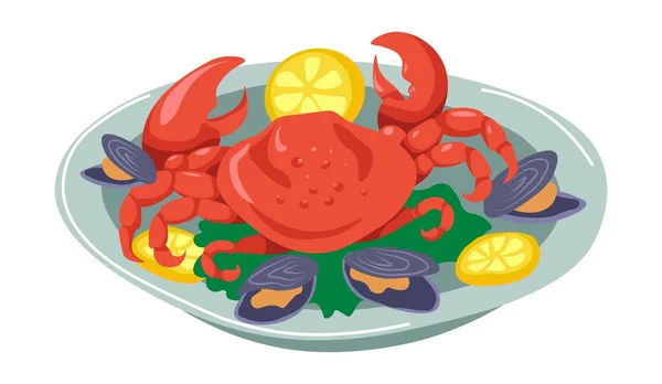 Stock vector Seafood dish, crab with mussels and lemon slices