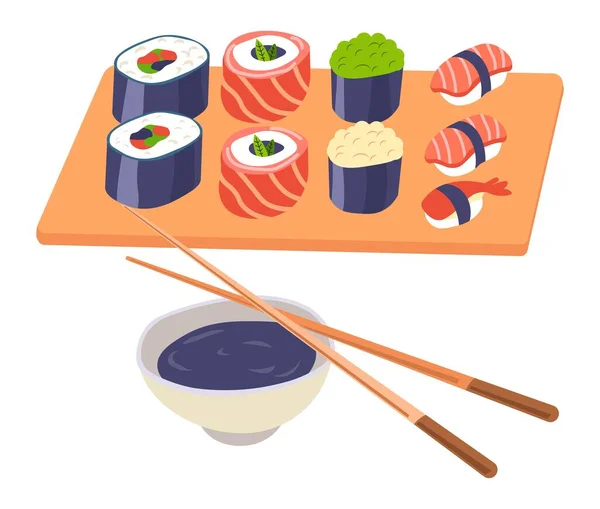 Sushi und Semmeln mit Sojasauce, japanisches Essen — Stockvektor