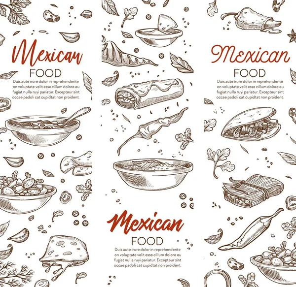 Мексиканская кухня, блюда и рецепты для меню кафе — стоковый вектор