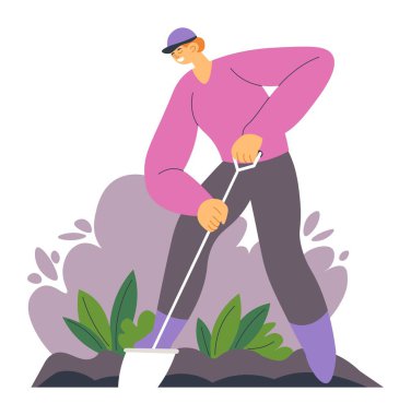 Gardening man digging soil for planting saplings