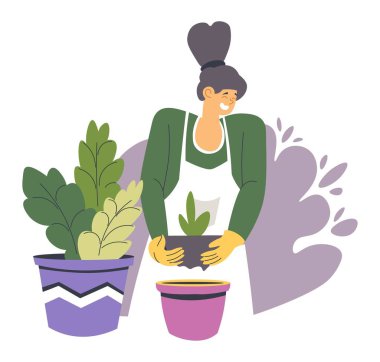 Female character planting woman with plants in pot