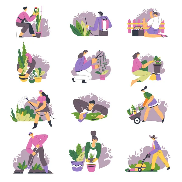 Gardening people planting flowers, botany in pots — Stockový vektor