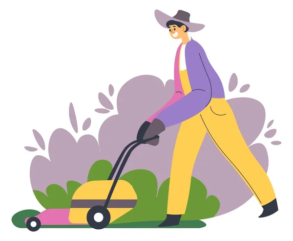 Gardening person with lawn mower tending yard — 图库矢量图片