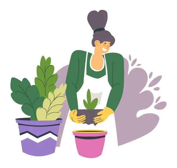 Female character planting woman with plants in pot —  Vetores de Stock