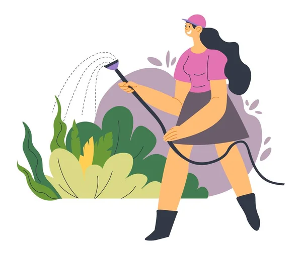Woman watering plants and flowers outdoors vector — Archivo Imágenes Vectoriales