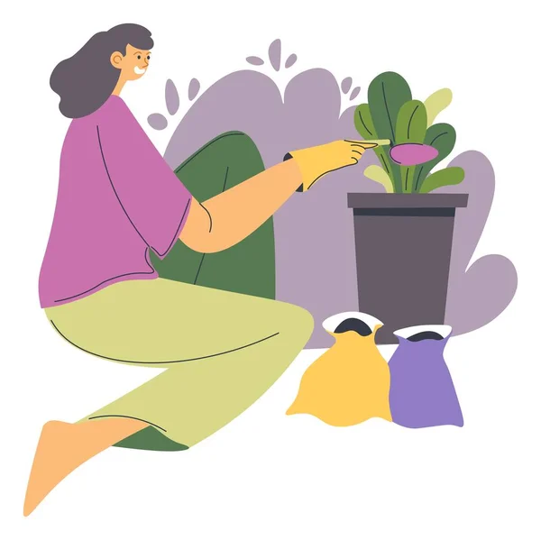 Woman planting flowers in pots, gardening hobby — Stockvektor