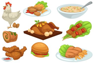 Chicken grilled and baked, food and dishes set