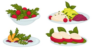 Salads with tomato and cheese, citrus and leaves