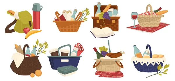 Baskets for picnic, food and book for weekends — Stockový vektor