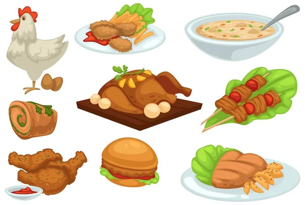 Chicken grilled and baked, food and dishes set — Vector de stoc