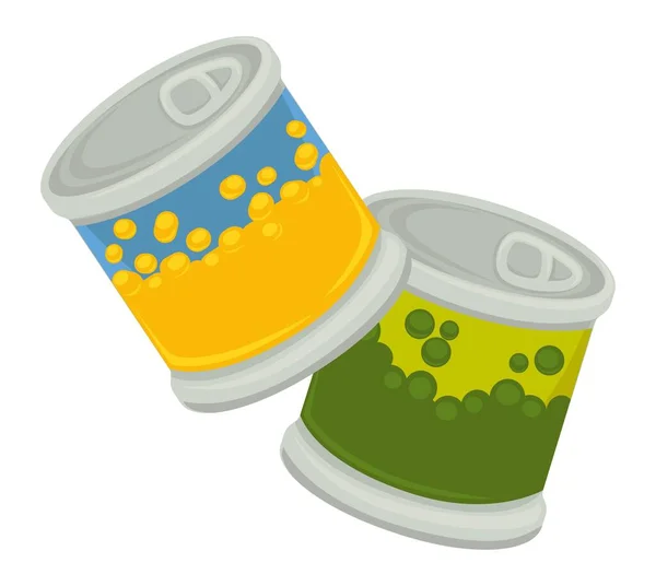 Canned peas and corn seeds, vegetables in can — ストックベクタ
