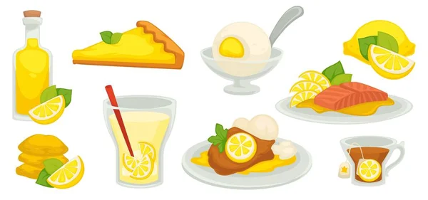 Lemon based meal and desserts, sweet food vector — Stock Vector