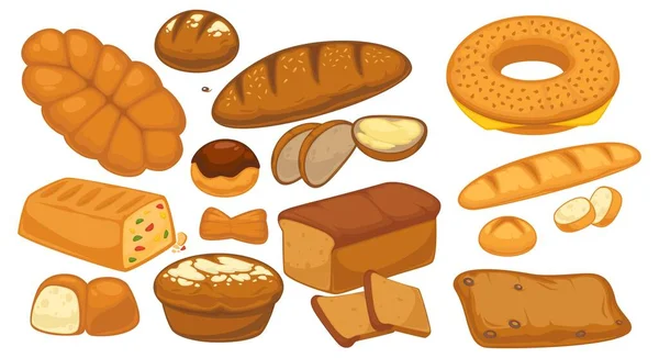 Pan y bollos horneados, productos de panadería y pastelería — Archivo Imágenes Vectoriales