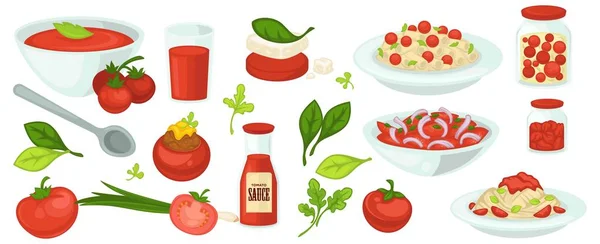Alimentos y platos a base de tomate, sopa y ensaladas — Archivo Imágenes Vectoriales