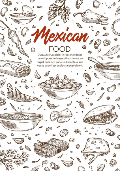 Mexican food, monochrome menu with dishes vector — 스톡 벡터